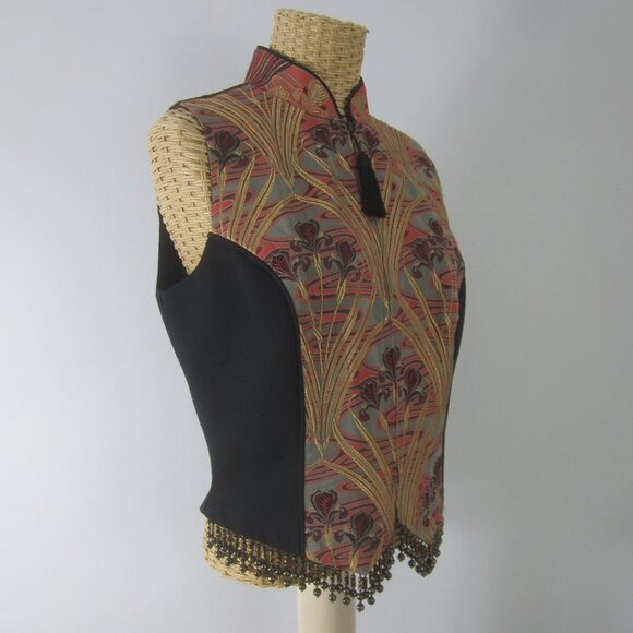 Vtg TAPP New York Womens M Black Gold Red Asian Iris Floral Zip Vest Lace Beaded - Picture 5 of 13